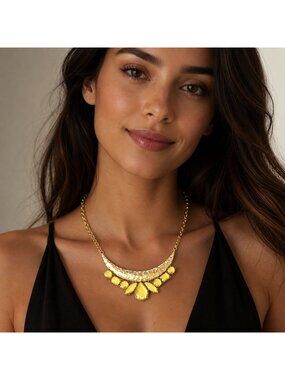 Gold Tone Statement Necklace Hammered Bib Amber Rhinestone Boho Glam Bold Collar